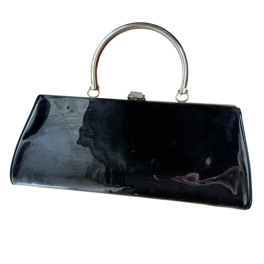 Vintage black patent handbag top clasp opening classy mod 1960s gold tone purse